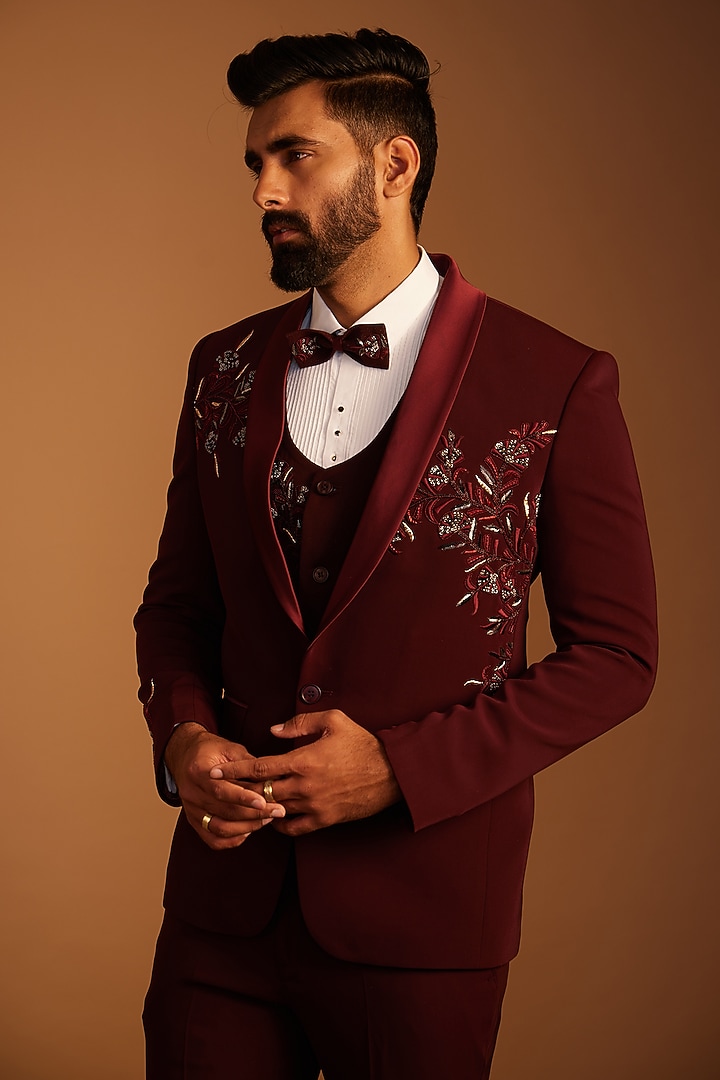 Wine Italian Fabric Zardosi Hand Embroidered Tuxedo Set by ACHKANN at Pernia's Pop Up Shop
