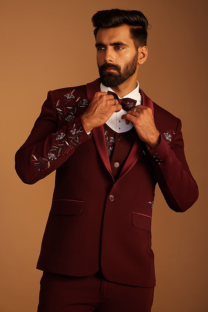 Wine Italian Fabric Zardosi Hand Embroidered Tuxedo Set by ACHKANN at Pernia's Pop Up Shop