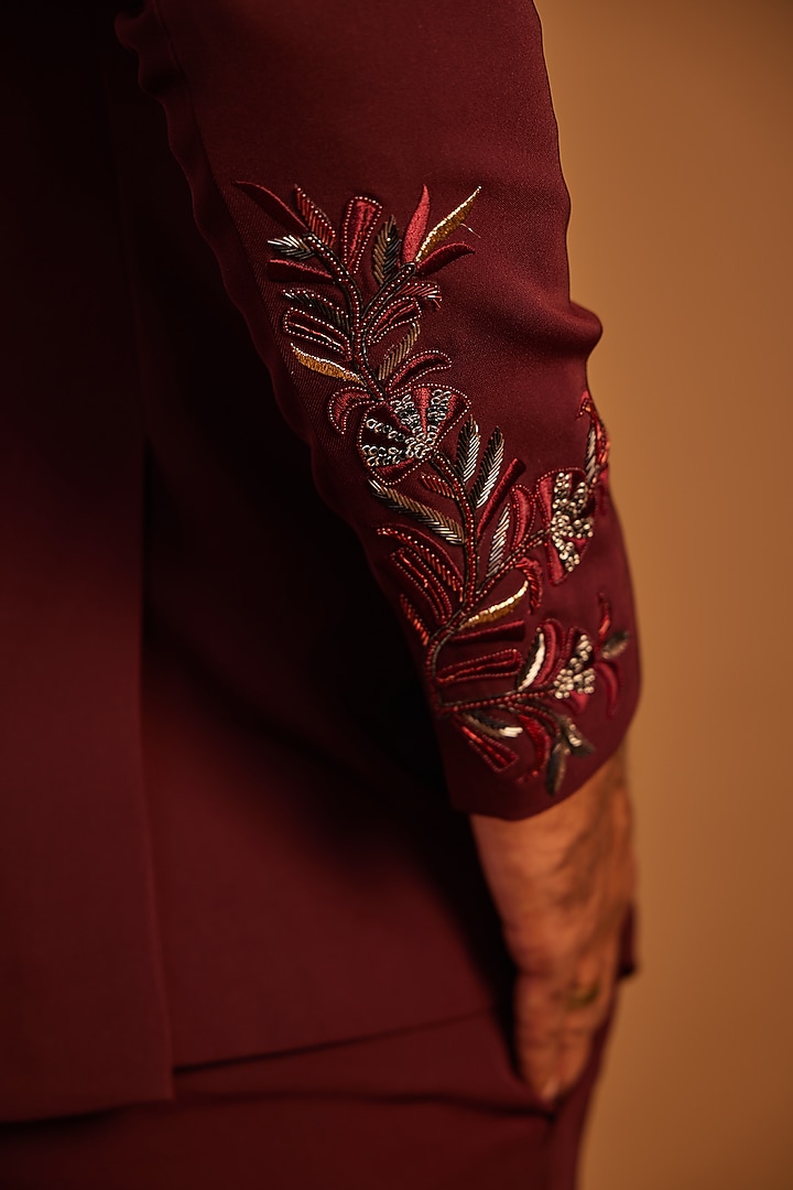 Wine Italian Fabric Zardosi Hand Embroidered Tuxedo Set by ACHKANN at Pernia's Pop Up Shop