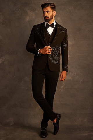 Black Italian Fabric sequins Embroidered Tuxedo Set by ACHKANN