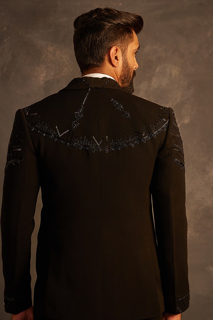 Black Italian Fabric sequins Embroidered Tuxedo Set by ACHKANN at Pernia's Pop Up Shop