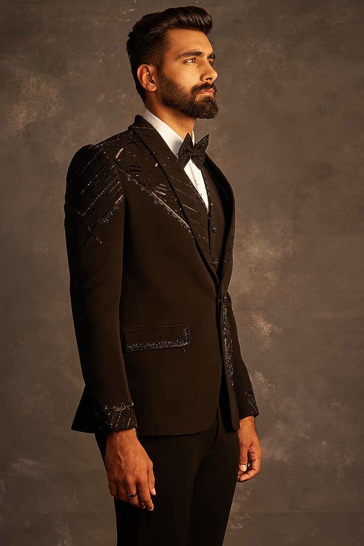 Black Italian Fabric sequins Embroidered Tuxedo Set by ACHKANN at Pernia's Pop Up Shop