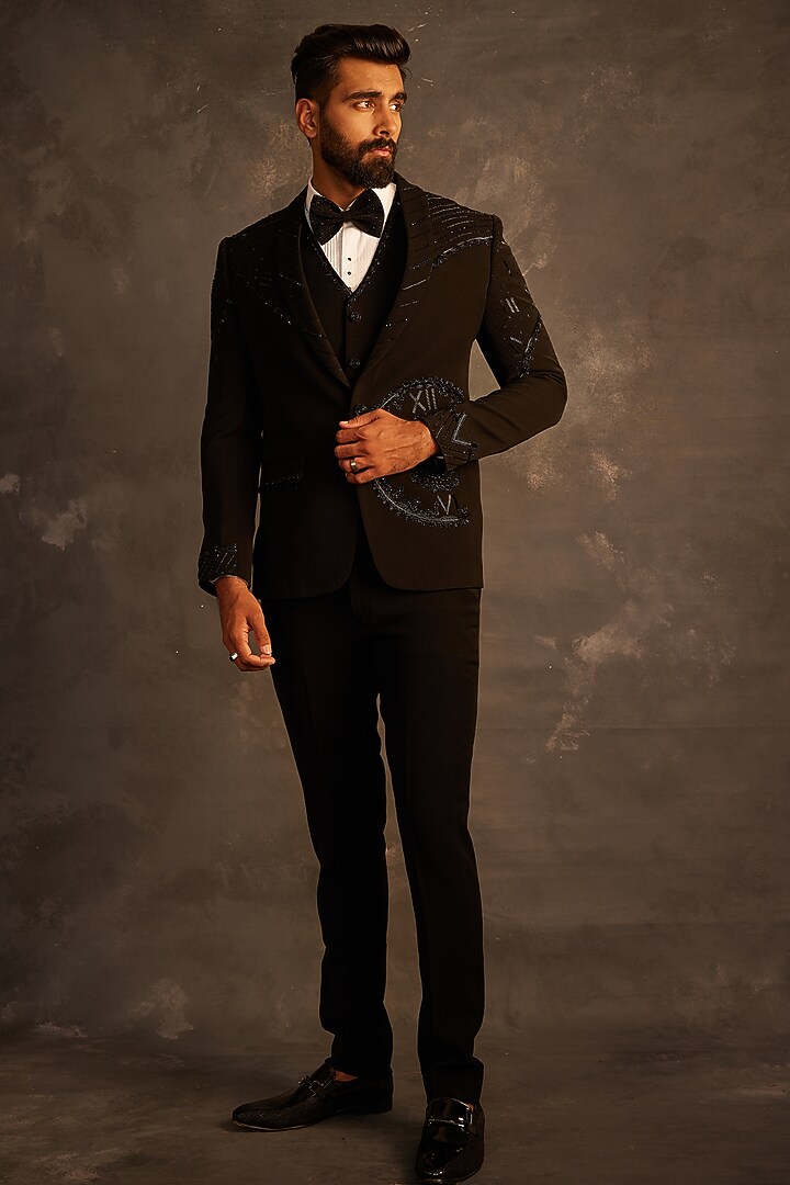 Black Italian Fabric sequins Embroidered Tuxedo Set by ACHKANN at Pernia's Pop Up Shop