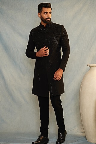 Black Italian Fabric Cutdana Embroidered Indowestern Set by ACHKANN