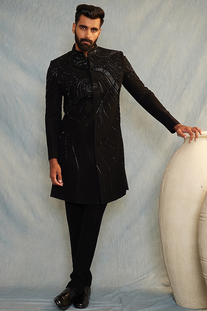 Black Italian Fabric Cutdana Embroidered Wedding Indowestern Set by ACHKANN at Pernia's Pop Up Shop