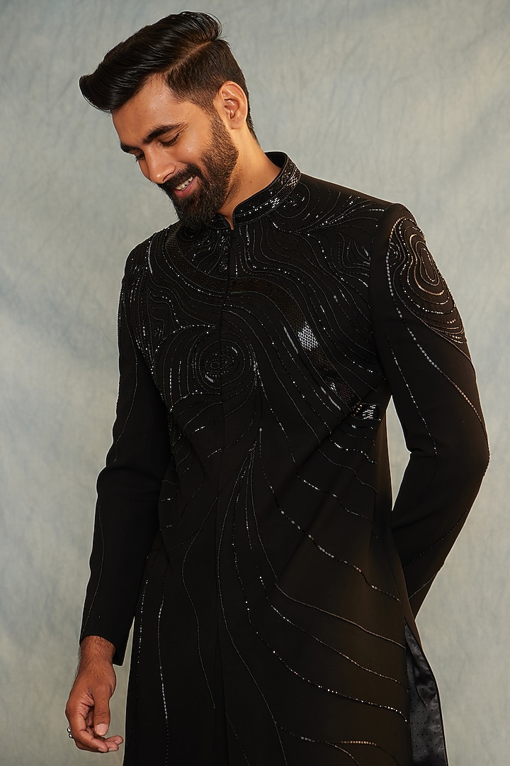 Black Italian Fabric Cutdana Embroidered Wedding Indowestern Set by ACHKANN at Pernia's Pop Up Shop