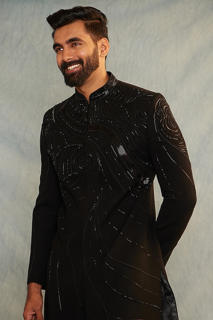 Black Italian Fabric Cutdana Embroidered Wedding Indowestern Set by ACHKANN at Pernia's Pop Up Shop