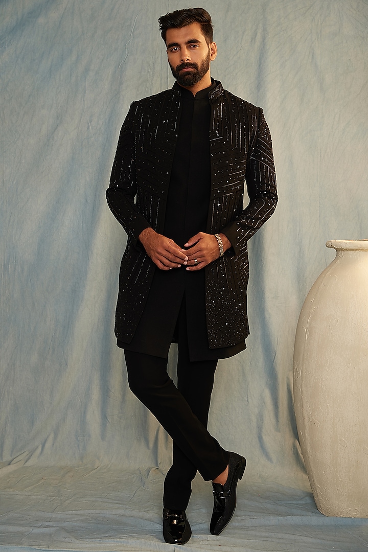 Black Italian Fabric Cutdana Hand Embroidered Wedding Indowestern Set by ACHKANN at Pernia's Pop Up Shop