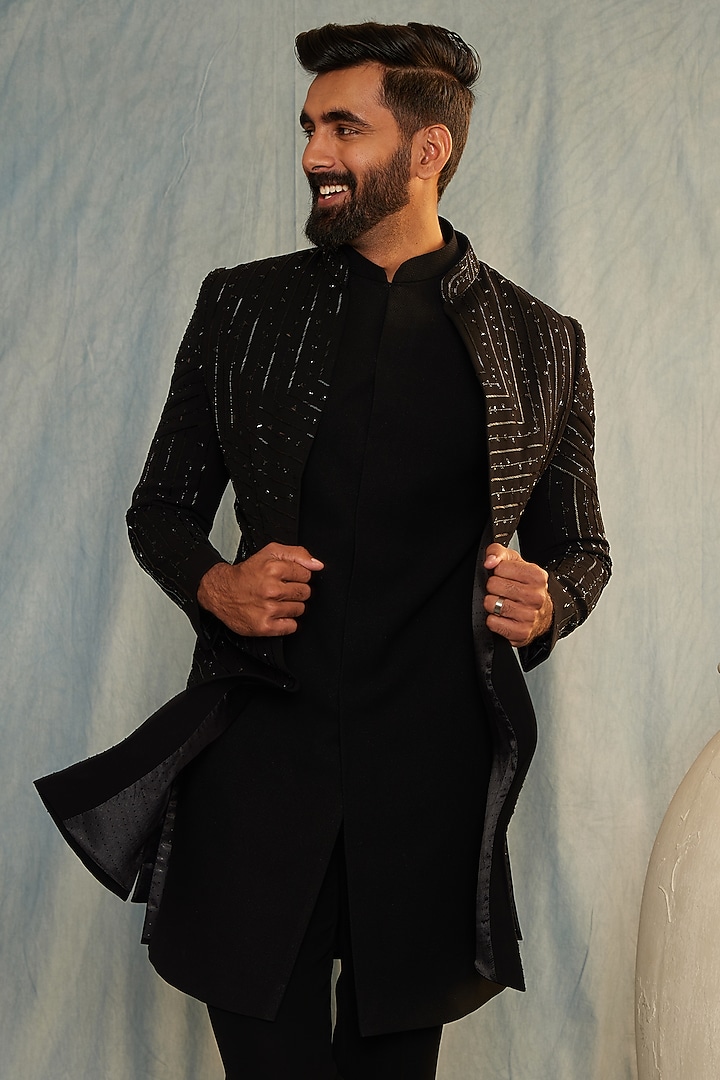 Black Italian Fabric Cutdana Hand Embroidered Wedding Indowestern Set by ACHKANN at Pernia's Pop Up Shop