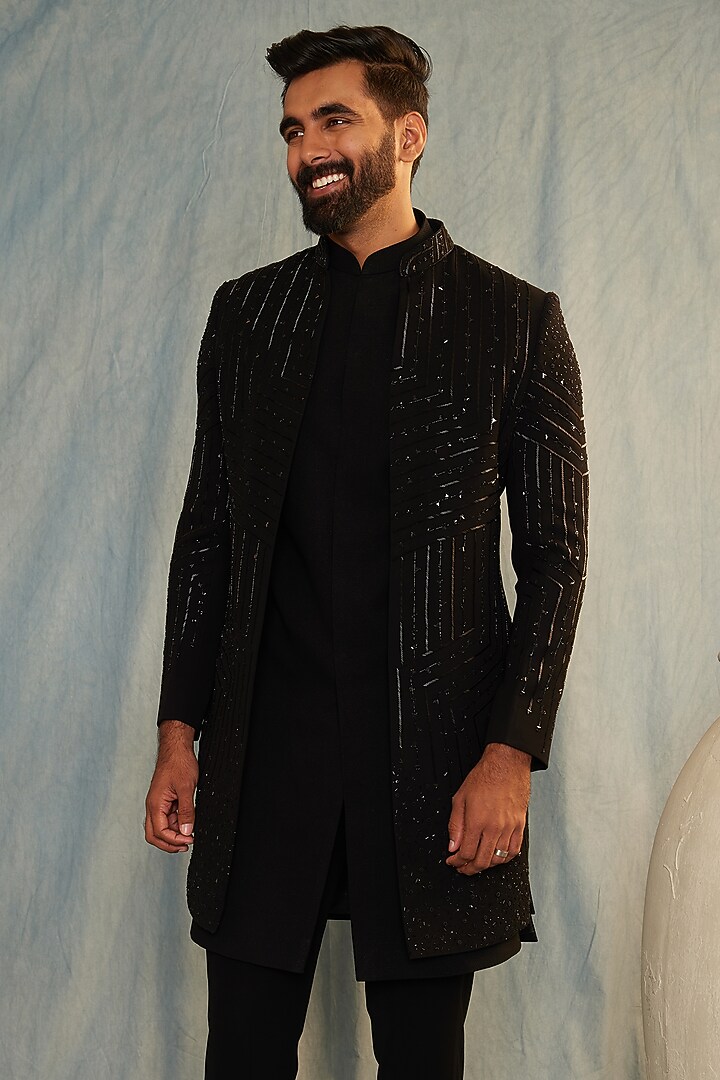 Black Italian Fabric Cutdana Hand Embroidered Wedding Indowestern Set by ACHKANN at Pernia's Pop Up Shop