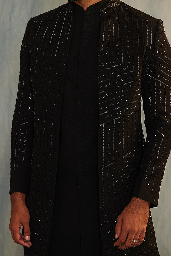 Black Italian Fabric Cutdana Hand Embroidered Wedding Indowestern Set by ACHKANN at Pernia's Pop Up Shop
