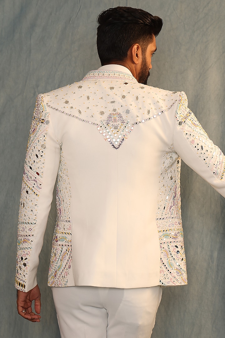 White Italian Fabric Mirror Embroidered Wedding Indowestern Set by ACHKANN at Pernia's Pop Up Shop