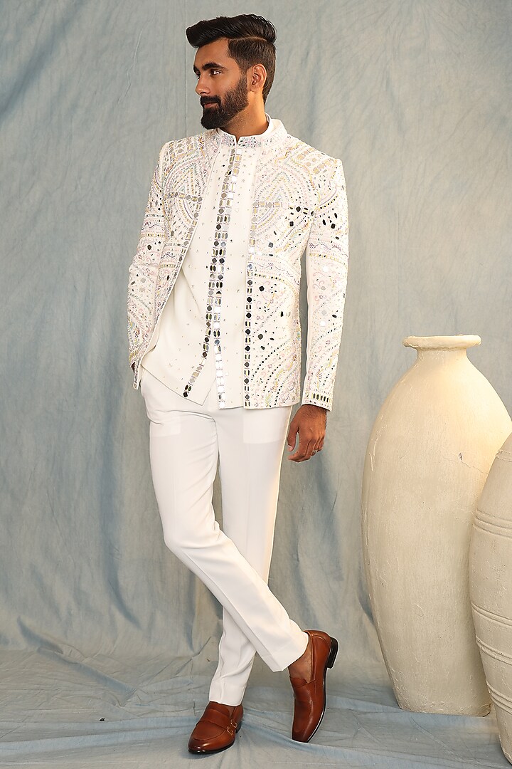 White Italian Fabric Mirror Embroidered Wedding Indowestern Set by ACHKANN at Pernia's Pop Up Shop