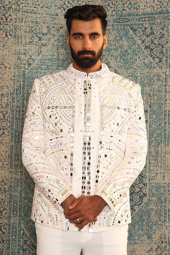 White Italian Fabric Mirror Embroidered Wedding Indowestern Set by ACHKANN at Pernia's Pop Up Shop