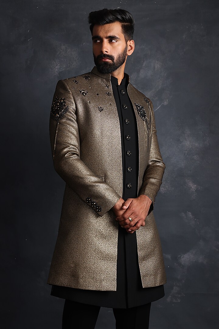 Black & Gold Barkini Polyester Zardosi Embroidered Indowestern Set by ACHKANN at Pernia's Pop Up Shop