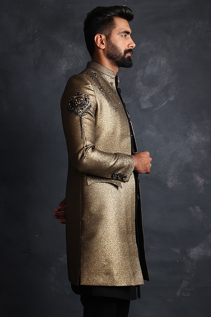 Black & Gold Barkini Polyester Zardosi Embroidered Indowestern Set by ACHKANN at Pernia's Pop Up Shop