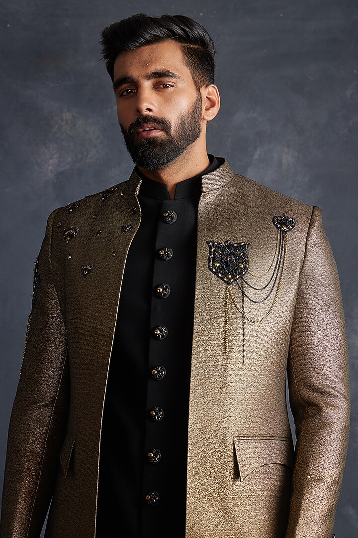 Black & Gold Barkini Polyester Zardosi Embroidered Indowestern Set by ACHKANN at Pernia's Pop Up Shop