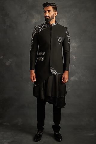 Black Italian Fabric Sequins Embroidered Indowestern Set by ACHKANN