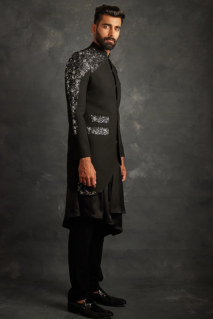 Black Italian Fabric Sequins Embroidered Wedding Indowestern Set by ACHKANN at Pernia's Pop Up Shop