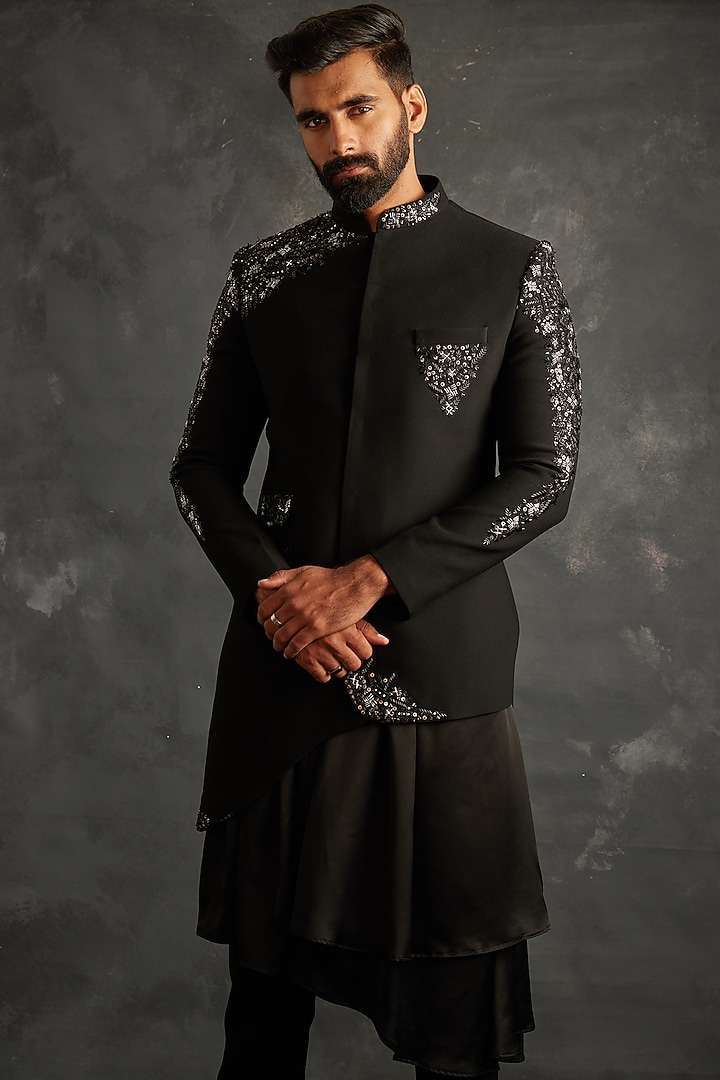 Black Italian Fabric Sequins Embroidered Wedding Indowestern Set by ACHKANN at Pernia's Pop Up Shop