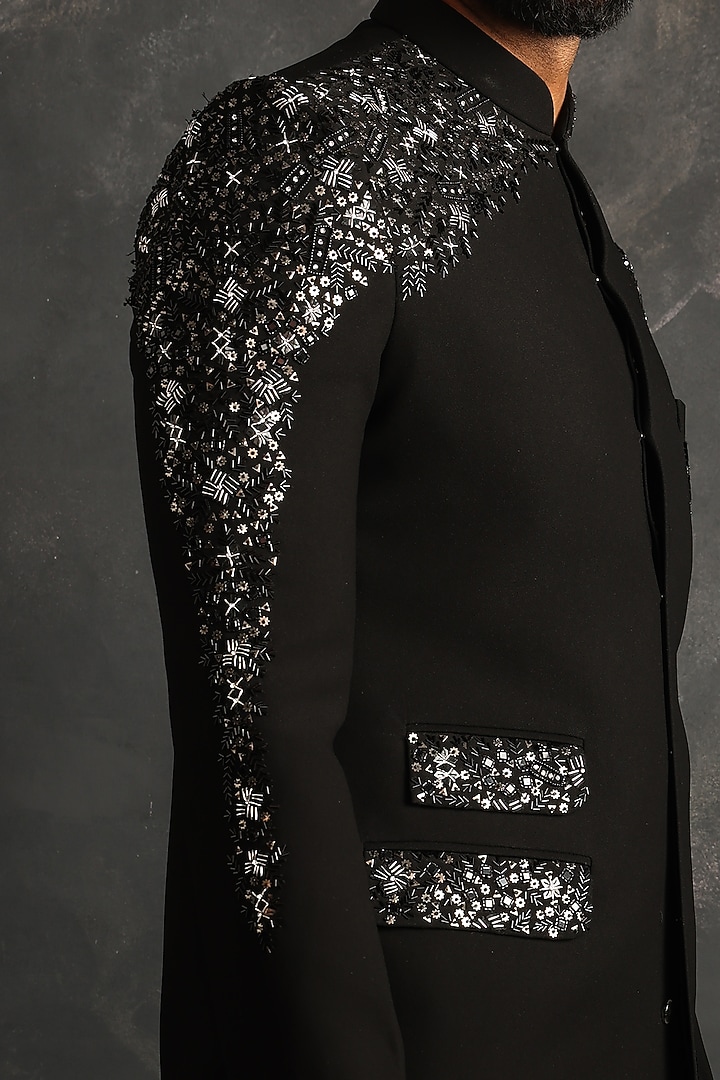 Black Italian Fabric Sequins Embroidered Wedding Indowestern Set by ACHKANN at Pernia's Pop Up Shop