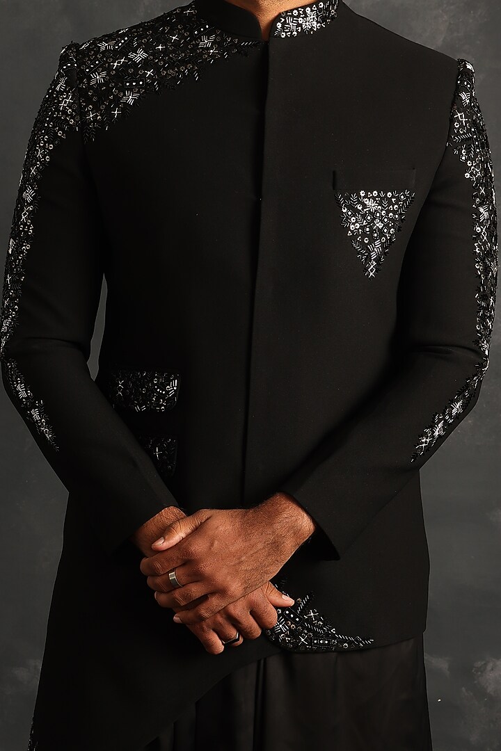 Black Italian Fabric Sequins Embroidered Wedding Indowestern Set by ACHKANN at Pernia's Pop Up Shop