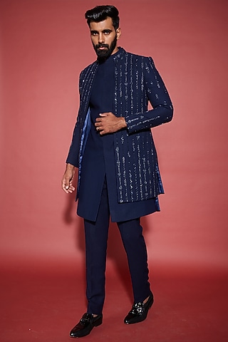 Midnight Blue Imported Polyester Beads Embroidered Indowestern Set by ACHKANN