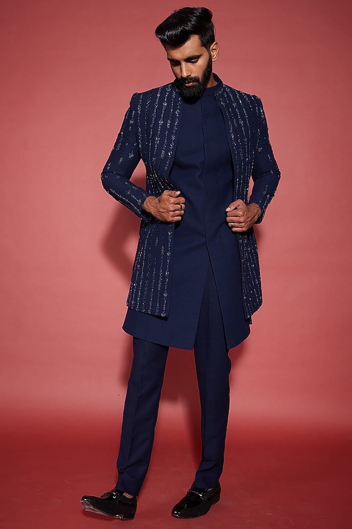 Midnight Blue Imported Polyester Beads Embroidered Wedding Indowestern Set by ACHKANN at Pernia's Pop Up Shop
