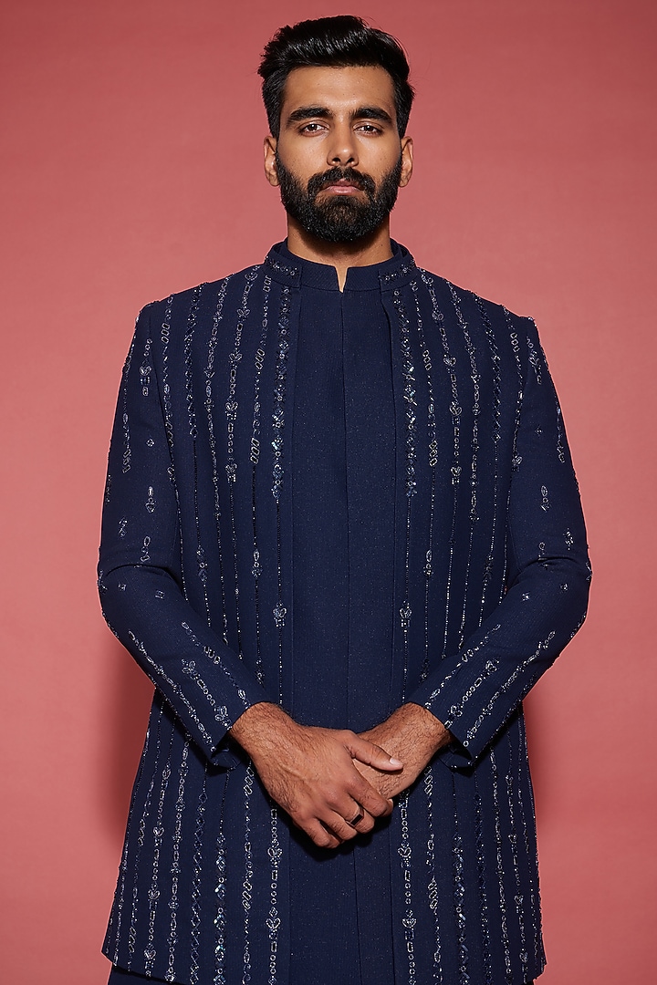 Midnight Blue Imported Polyester Beads Embroidered Wedding Indowestern Set by ACHKANN at Pernia's Pop Up Shop