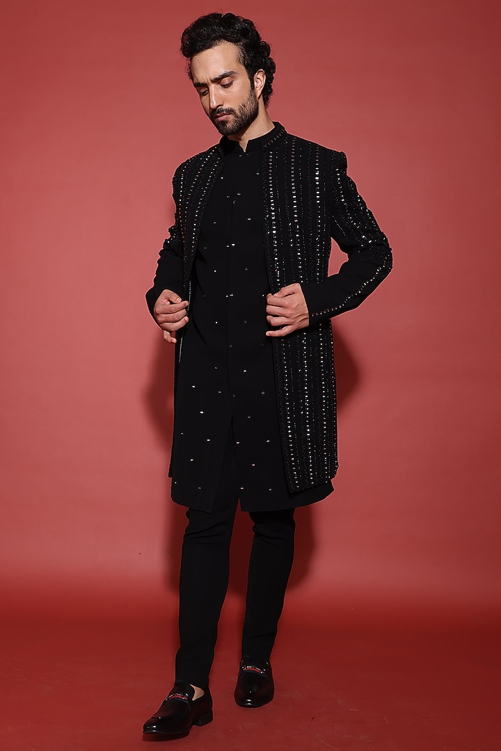 Black Italian Fabric Cutdana Embroidered Wedding Indowestern Set by ACHKANN at Pernia's Pop Up Shop