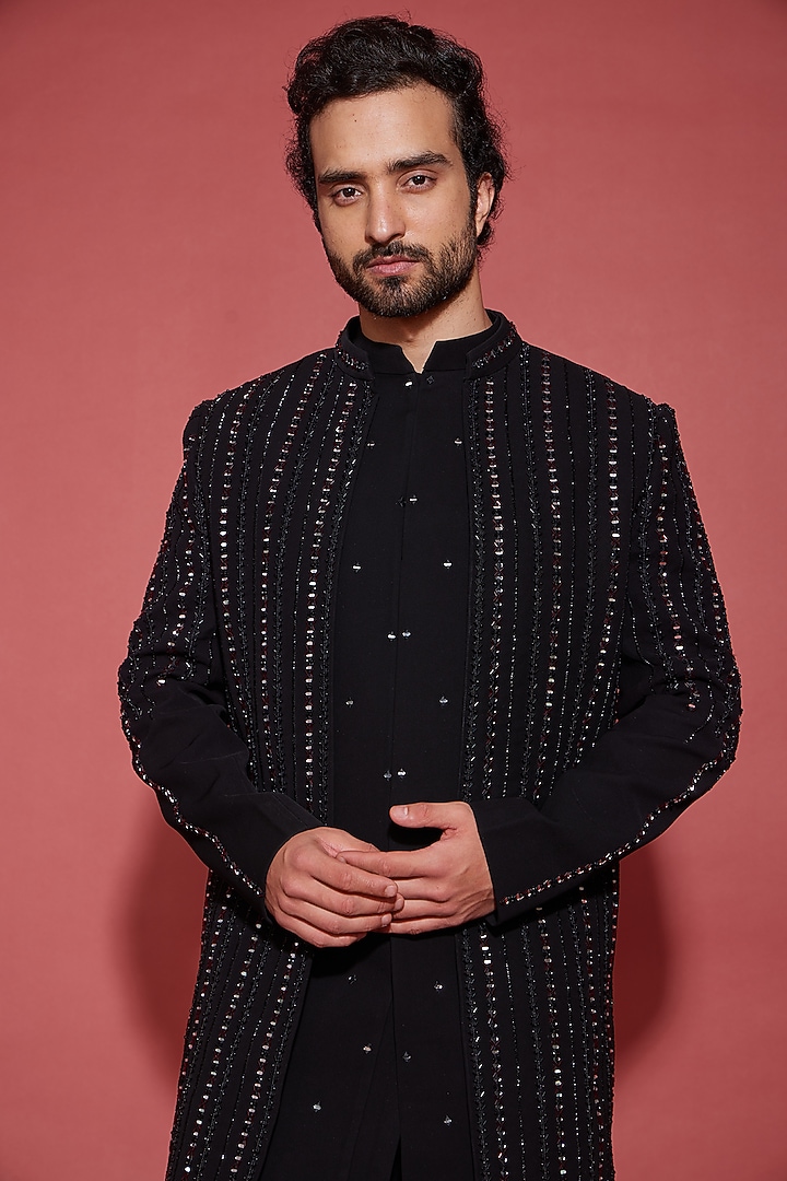 Black Italian Fabric Cutdana Embroidered Wedding Indowestern Set by ACHKANN at Pernia's Pop Up Shop