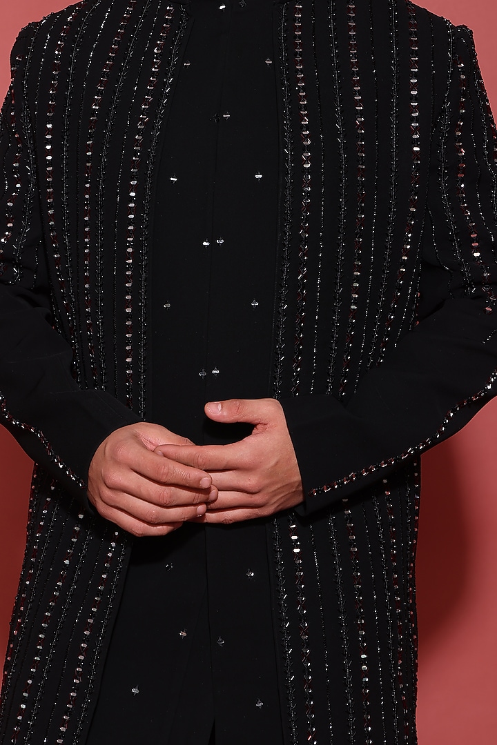 Black Italian Fabric Cutdana Embroidered Wedding Indowestern Set by ACHKANN at Pernia's Pop Up Shop