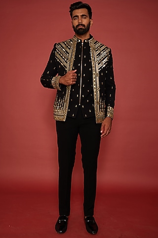 Black Italian Fabric Metallic Thread Embroidered Indowestern Set by ACHKANN