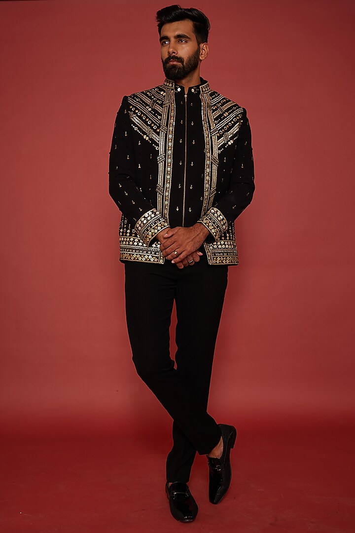 Black Italian Fabric Metallic Thread Embroidered Wedding Indowestern Set by ACHKANN at Pernia's Pop Up Shop