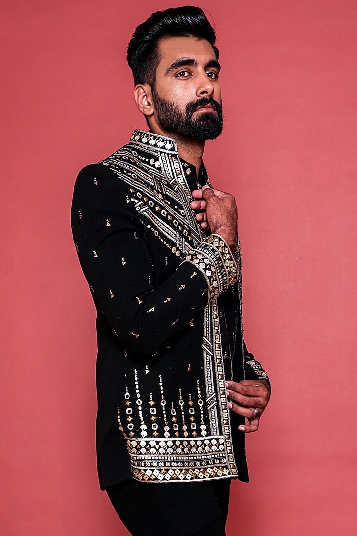 Black Italian Fabric Metallic Thread Embroidered Wedding Indowestern Set by ACHKANN at Pernia's Pop Up Shop