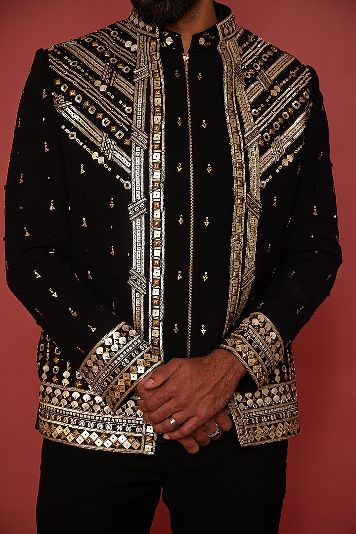 Black Italian Fabric Metallic Thread Embroidered Wedding Indowestern Set by ACHKANN at Pernia's Pop Up Shop