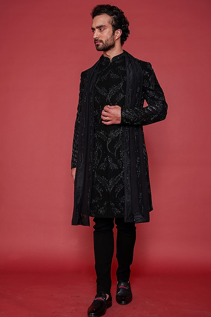 Black Italian Fabric Sequins Machine & Hand Embroidered Wedding Sherwani Set by ACHKANN at Pernia's Pop Up Shop