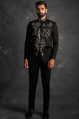 Black Italian Fabric Motifs Embroidered Bandhgala Set by ACHKANN