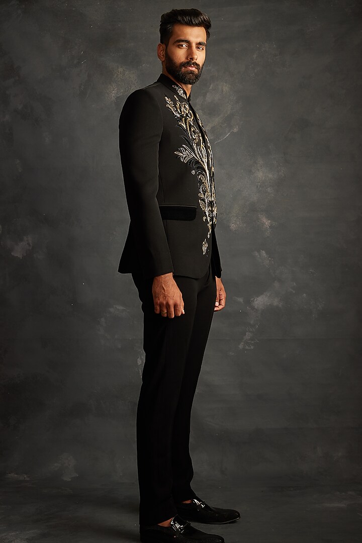 Black Italian Fabric Motifs Embroidered Bandhgala Set by ACHKANN at Pernia's Pop Up Shop