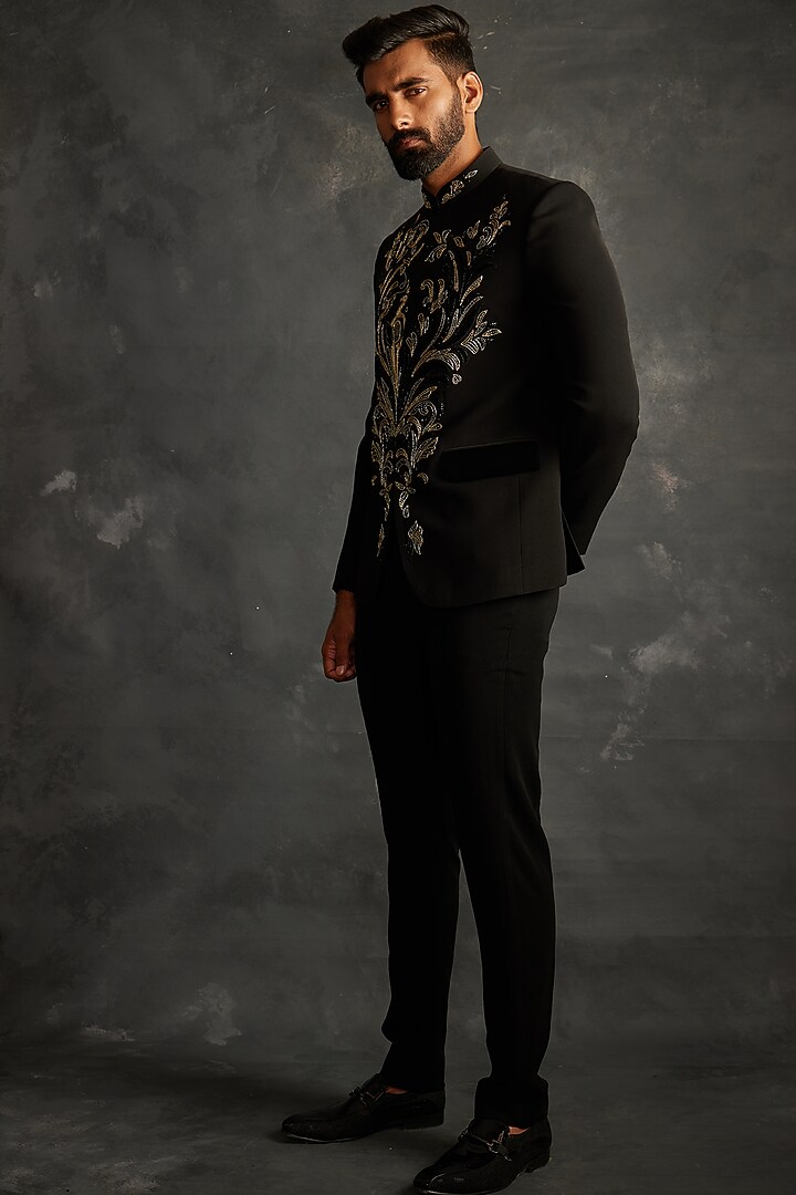Black Italian Fabric Motifs Embroidered Bandhgala Set by ACHKANN at Pernia's Pop Up Shop