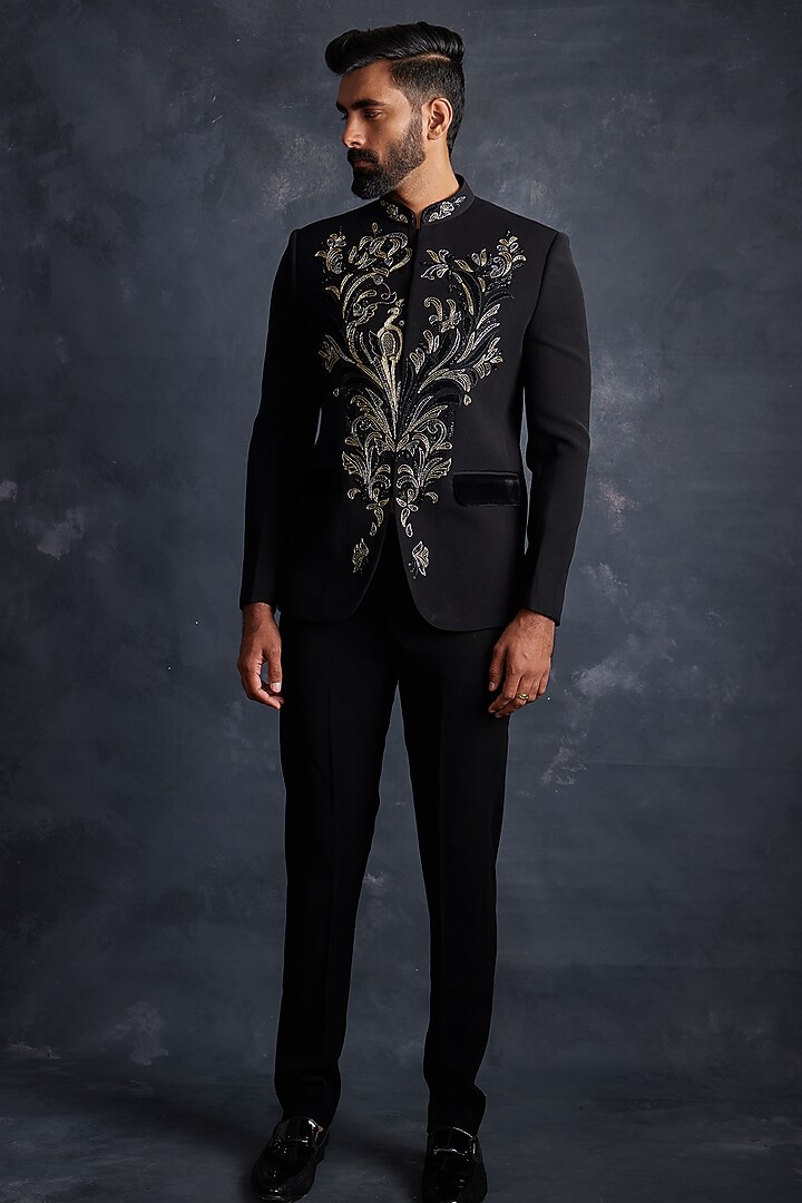 Black Italian Fabric Motifs Embroidered Bandhgala Set by ACHKANN at Pernia's Pop Up Shop