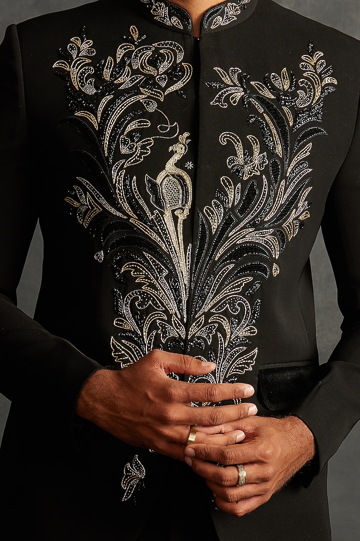 Black Italian Fabric Motifs Embroidered Bandhgala Set by ACHKANN at Pernia's Pop Up Shop