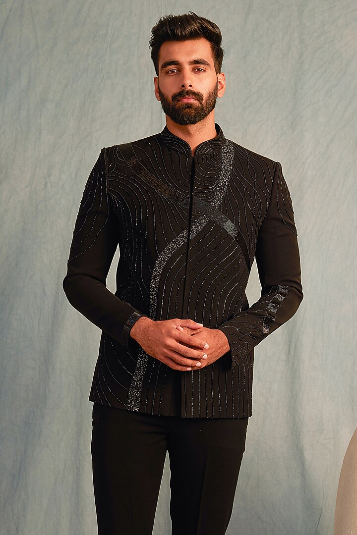 Black Italian Fabric Sequins Embroidered Bandhgala Set by ACHKANN at Pernia's Pop Up Shop