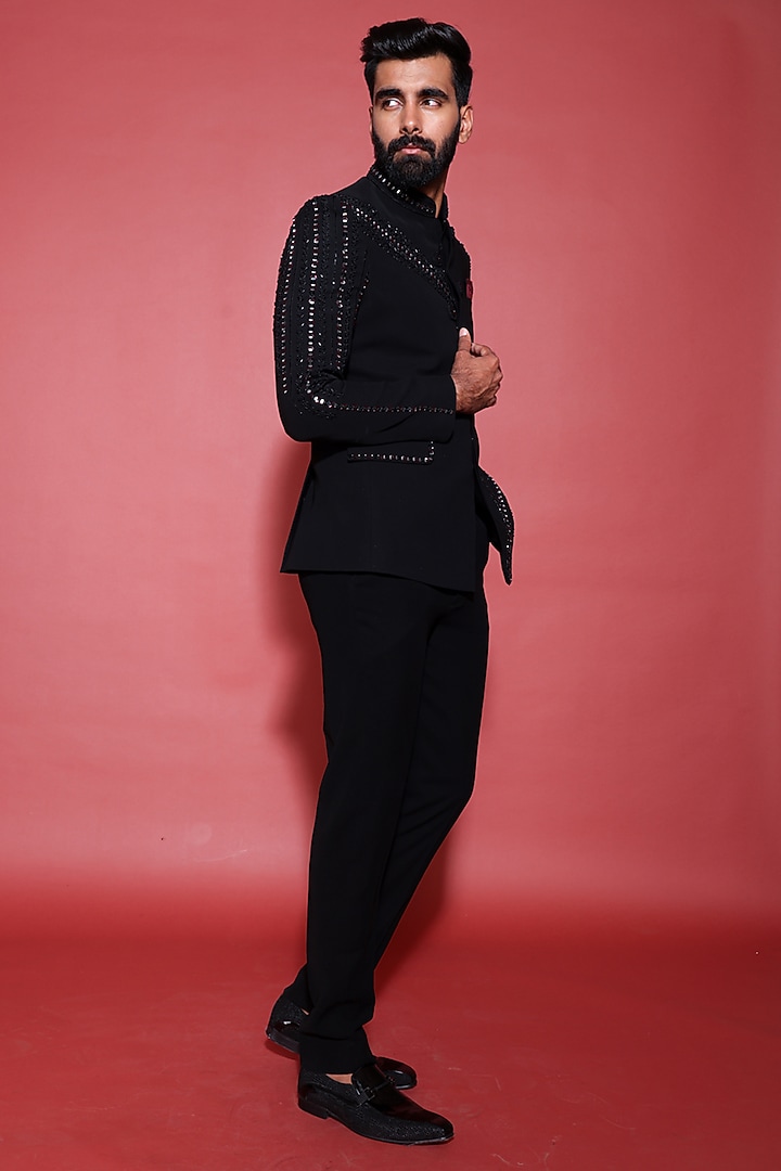 Black Italian Fabric Cutdana Embroidered Bandhgala Set by ACHKANN at Pernia's Pop Up Shop