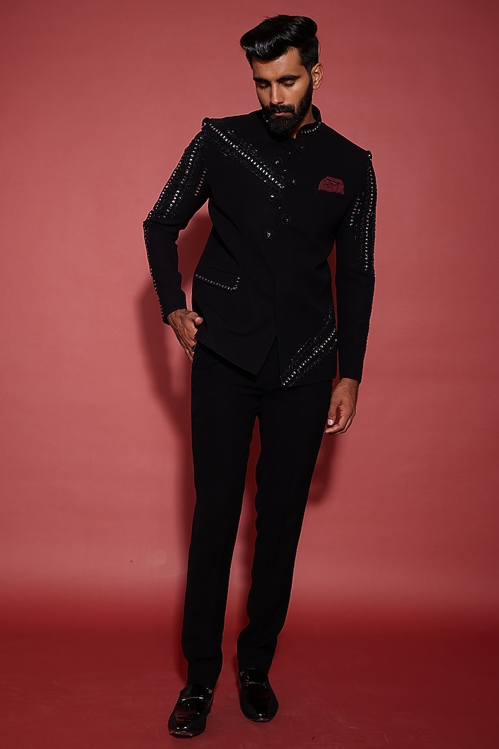 Black Italian Fabric Cutdana Embroidered Bandhgala Set by ACHKANN at Pernia's Pop Up Shop
