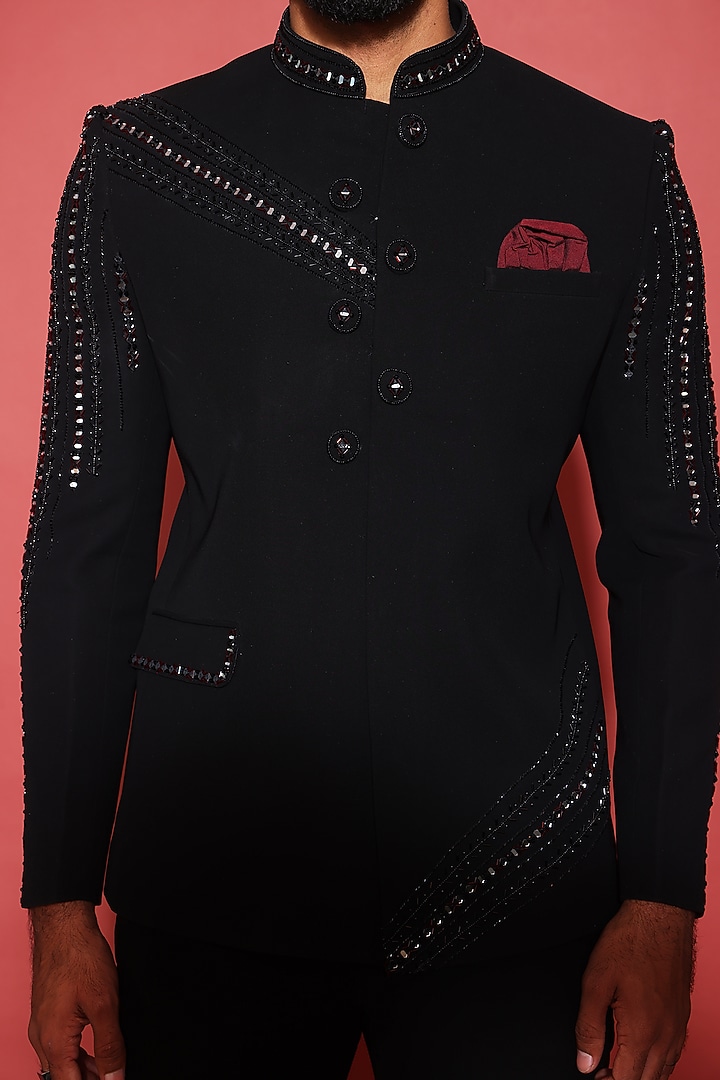Black Italian Fabric Cutdana Embroidered Bandhgala Set by ACHKANN at Pernia's Pop Up Shop