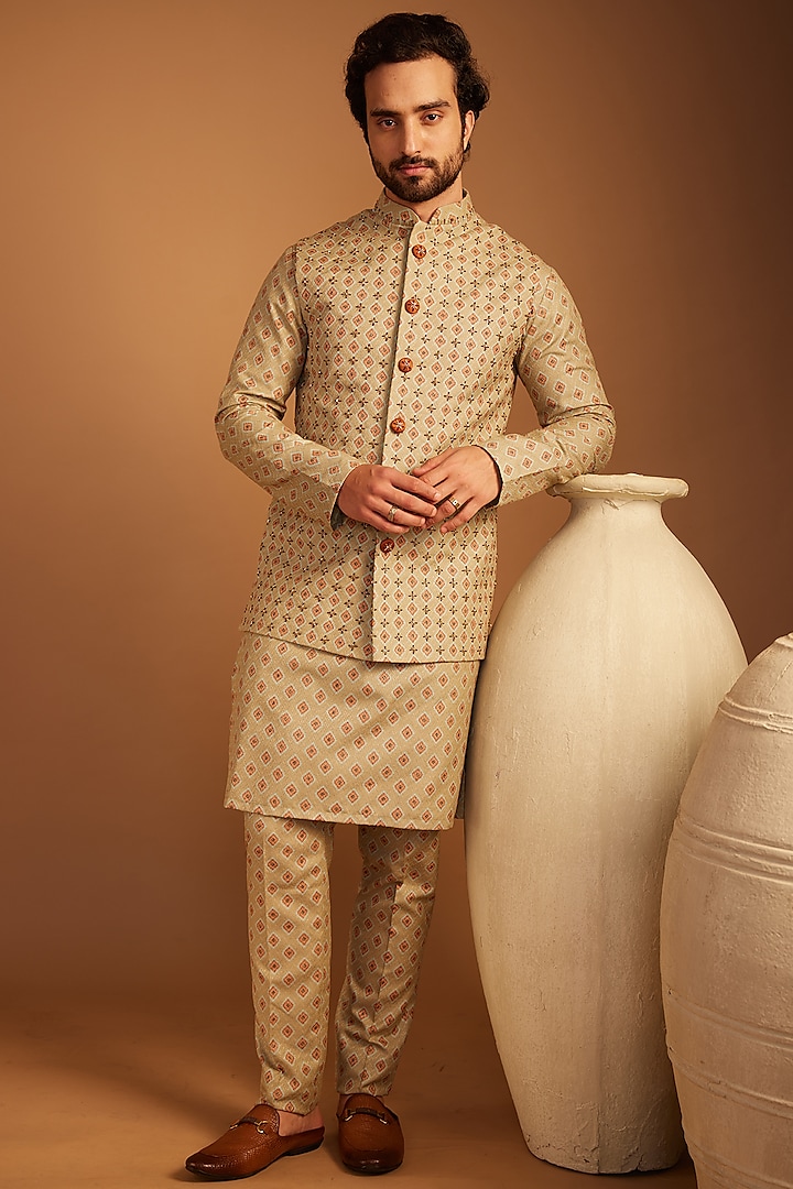 Sage Green Cotton Printed & Bead Embroidered Bundi Jacket Set by ACHKANN at Pernia's Pop Up Shop