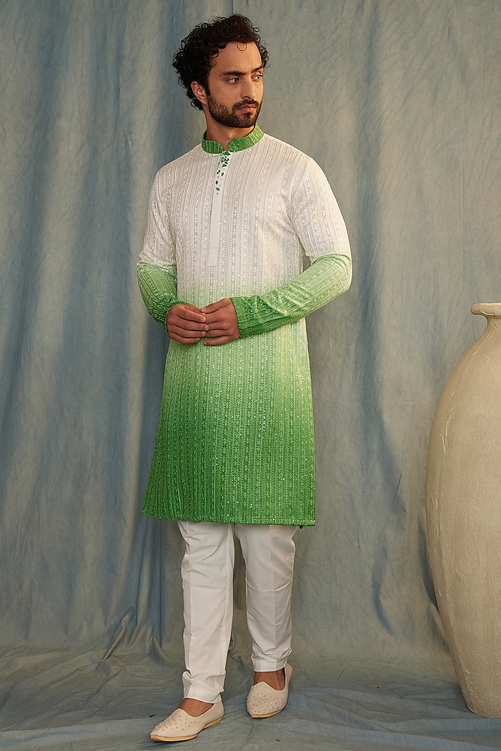 White & Green Ombre Chikankari Mirror Embroidered Kurta Set by ACHKANN at Pernia's Pop Up Shop