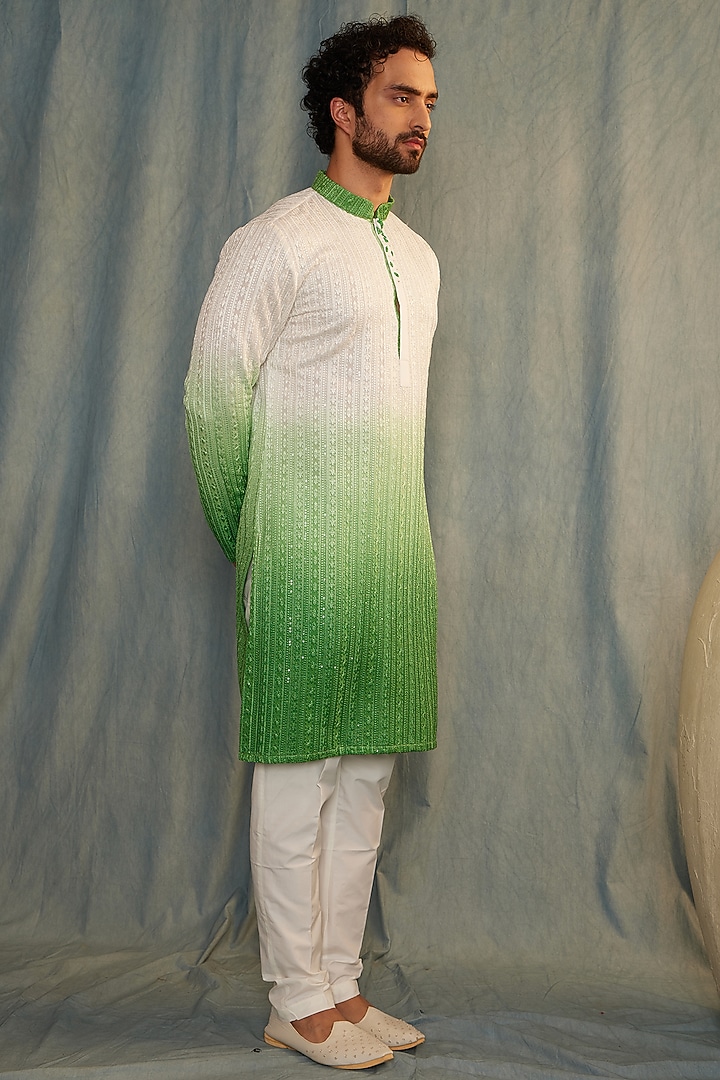 White & Green Ombre Chikankari Mirror Embroidered Kurta Set by ACHKANN at Pernia's Pop Up Shop