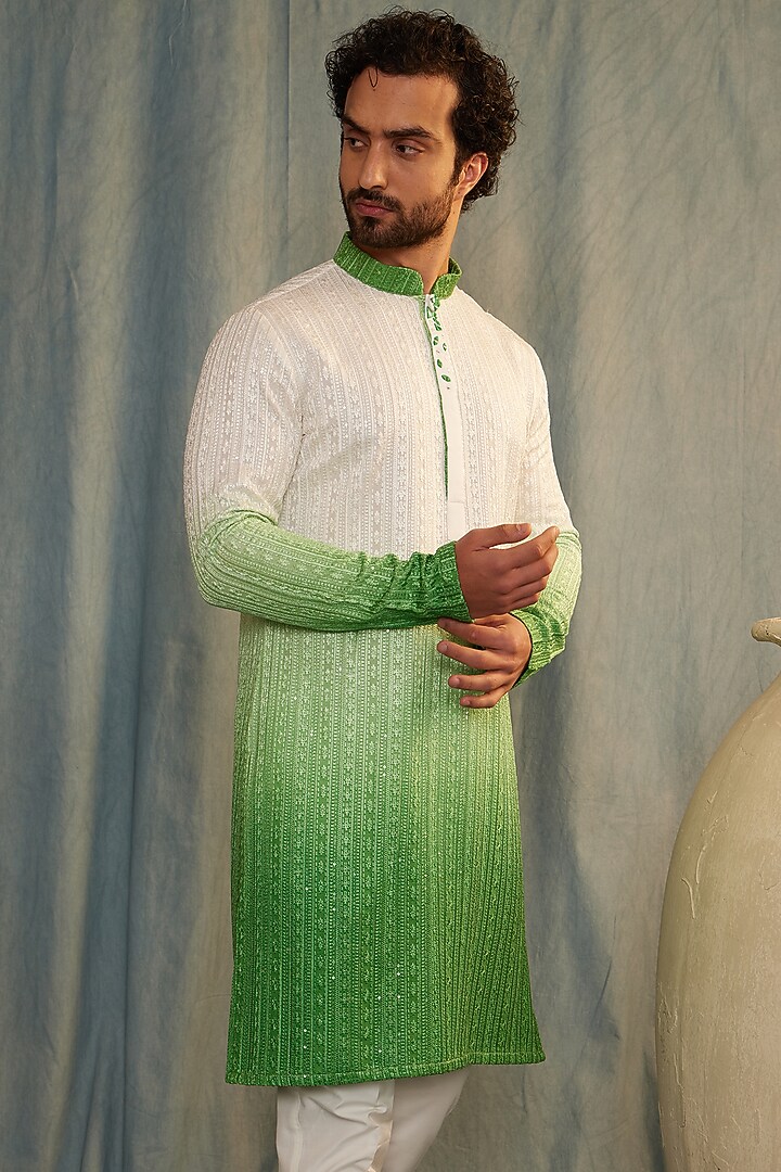 White & Green Ombre Chikankari Mirror Embroidered Kurta Set by ACHKANN at Pernia's Pop Up Shop